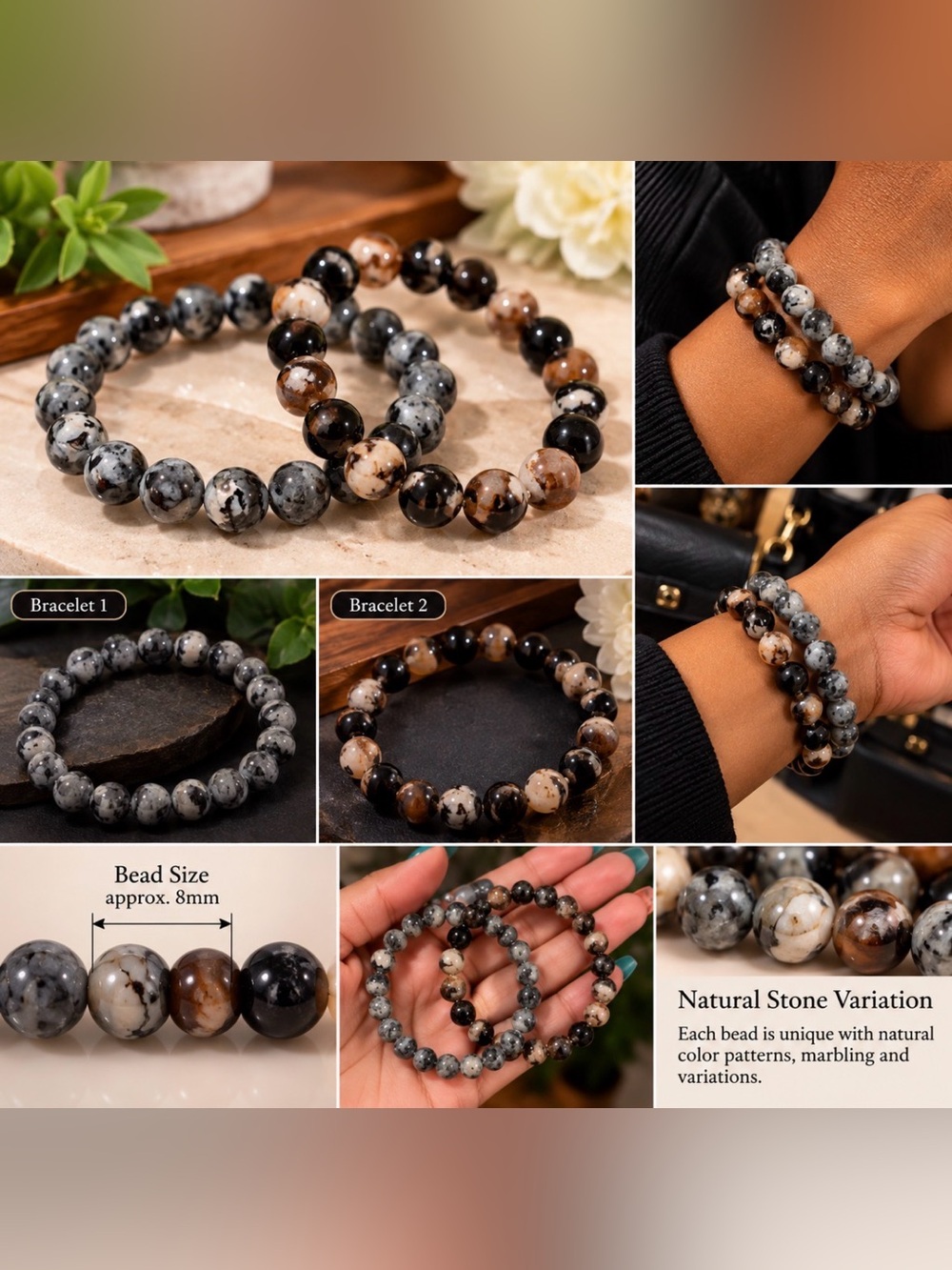 Natural Stone Beaded Bracelet - Black, Gray & Brown